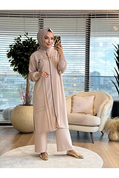 Taşpınar 26659 Roba Parça Front Zipper Crepe Suit Stone