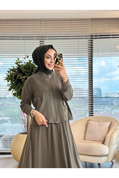 ALANURMODA 4484 Skirt Suit with Front Zipper Pocket and Skirt in Khaki