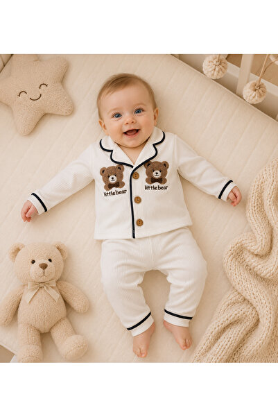 cles couture Teddy Bear Embroidered Top and Bottom Baby Pajama Set - 100% Cotton