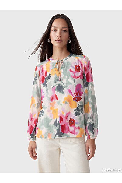 LC Waikiki Mixed Patterned Blouse with Ruffled Collar and Tie Detail