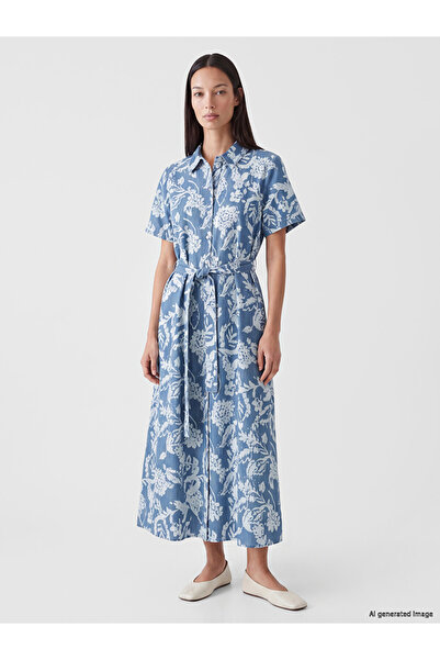 LC Waikiki Blue Shirt Collar Patterned Jean Dress with Belted Waist