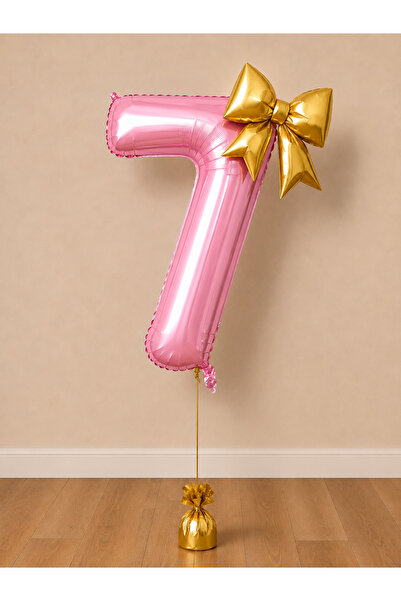 Balonsan -7- Age Pink Number Gold Bow Foil Balloon Set