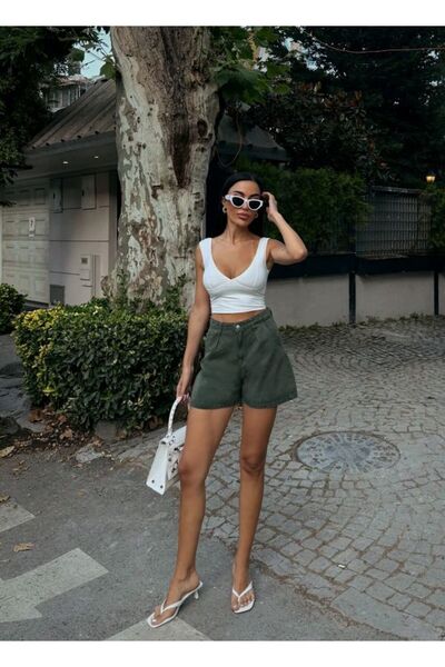 nido moda Çift Cepli Pileli Mini Denim Şort