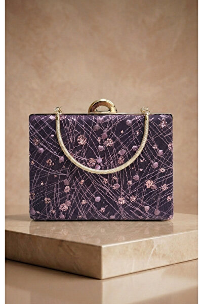 Telli Art Purple Glitter Elegant Evening Dress Bag with Gold Color Metal Deta...