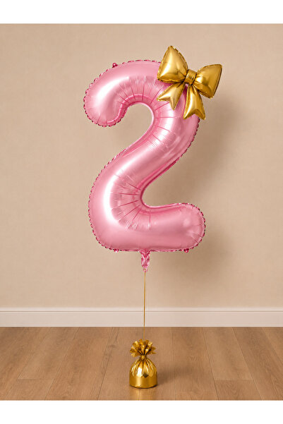 Balonsan -2- Age Pink Number Gold Bow Foil Balloon Set