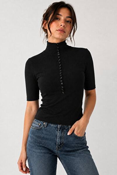 Neden Tekstil Women's Black Half Turtleneck Buttoned Short Sleeve Blouse