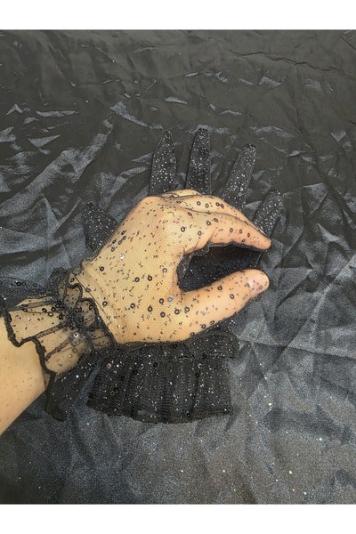 Qrsln Taara+ Sequined Sparkling Ruffled Short Gloves Black