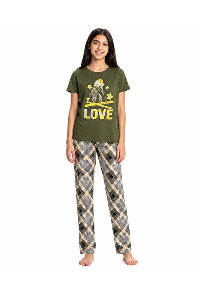 Generic Girls Teen Pyjama Set Olive Green Top & Checked Trousers