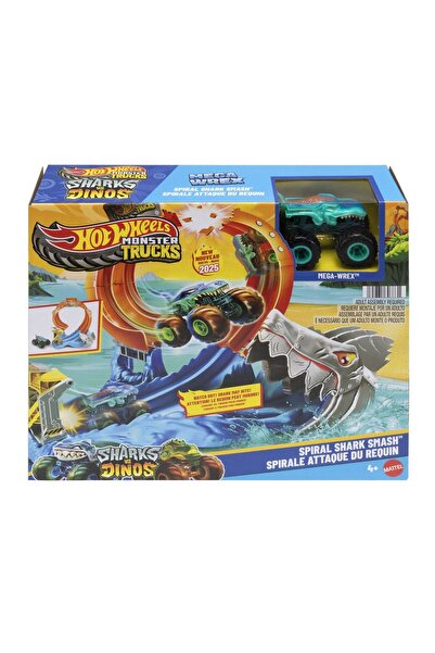 mattel Hot Wheels Monster Trucks Pista Spirală cu Tematică Rechin și Coliziun...