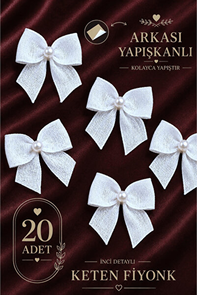 Ak Tuhafiye Adhesive Pearlized Linen Bow 20 Pieces White -Gift Package-Weddin...