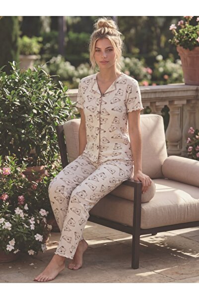 Eyfuze Women's Printed Bow Detailed Report Style Camisole Short Sleeve Pajama...