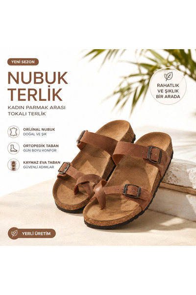 Erdem Store Women's Original Nubuck Leather Slippers with Flip-Flop Buckle, O...