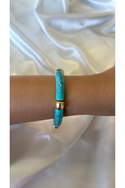 Eylülün Takısı Women's Gold Detailed Blue Marble Look Elastic Bracelet