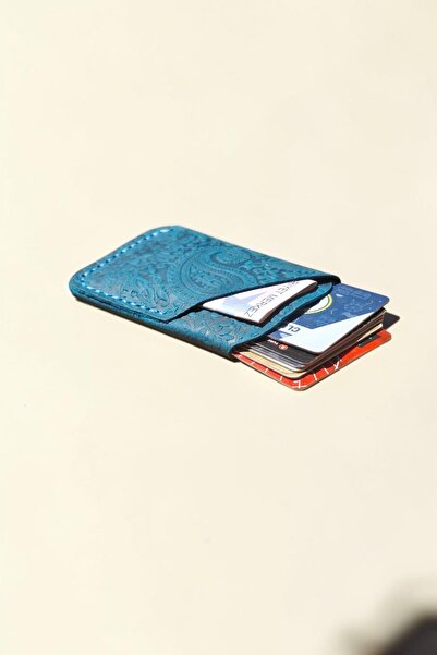 MAT Deri Blue Genuine Leather Card Holder with Shawl Pattern, Slim, 6-8 Card ...