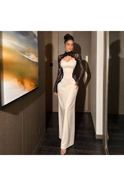 MILANORA White Dress Evening Gown with Luxurious Lace Sleeves