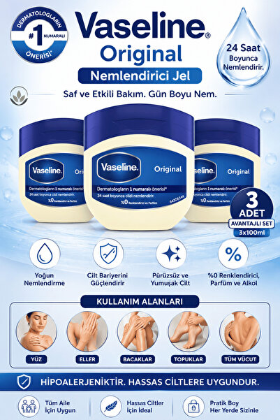 Vaseline Original Nemlendirici Jel 100 ml x 3 Adet | Yoğun Nemlendirici Vazel...