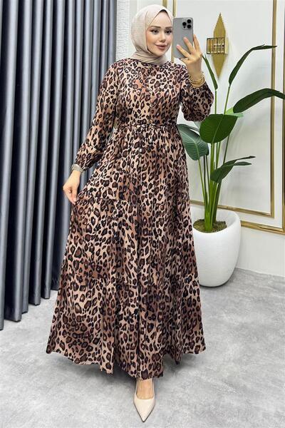 Mestore Tunneled Leopard Dress at the Waist Brown