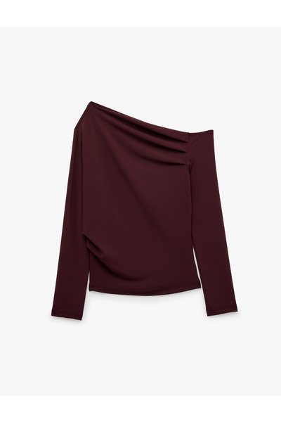 Koton Slim Fit Draped Asymmetrical Cut Long Sleeve One Shoulder T-Shirt