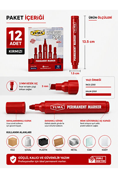 Zeyn Gross Yuma Kırmızı Permanent Marker Koli Kalemi 12’li Paket 3 mm Kesik Uç