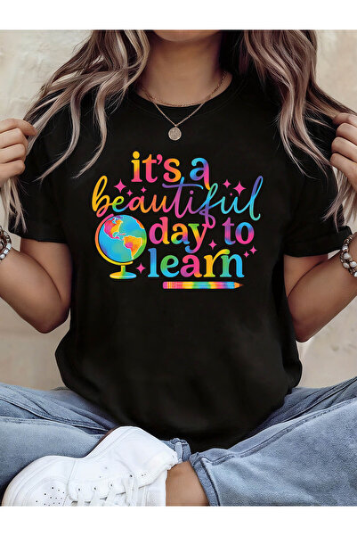 En22 Women's "'s a Beautiful Day to Learn" Globe Print T-Shirt - Teacher Outf...