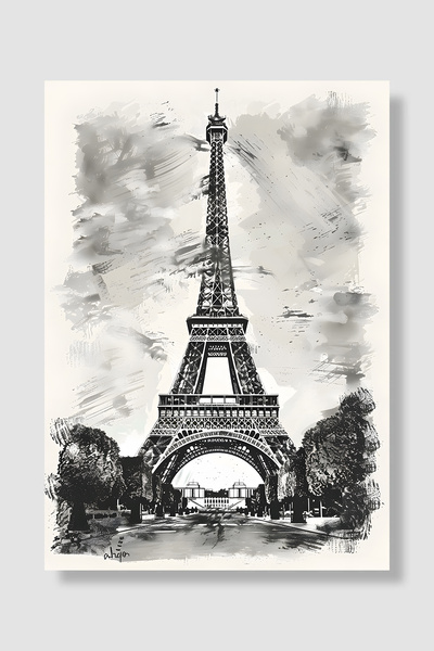 Luna Marissa Eiffel Tower Poster Black and White Pencil Drawing Artistic Pari...