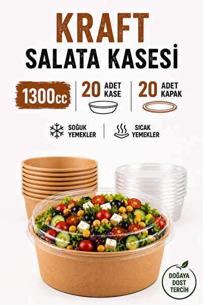 Delvos 1300 cc Kraft Bowl Salata 20 Adet Diyet Kasesi Kapaklı Mega Büyük Boy ...