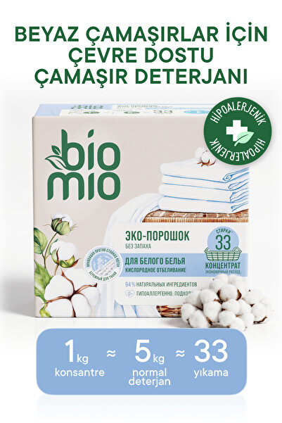 BioMio Hipoalerjenik Konsantre Toz Çamaşır Deterjanı Beyaz Çamaşırlar İçin Be...
