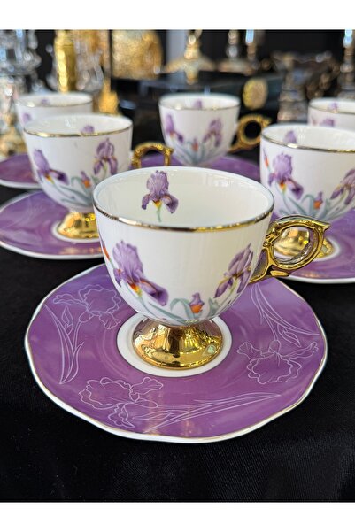 LOKMAN ZÜCCACİYE SHOWROOM 6-Piece Porcelain Coffee Cup Set with Purple Flower...