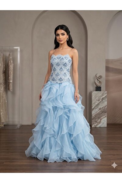 ranin Sky Blue Evening Dress with Gazar Embroidery Double Cloche