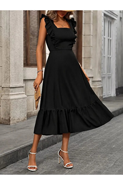stelol Women's Strappy Ruffled Square Neck Tie Back Midi Aerobin Midi Dress