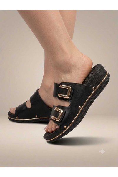 CAPRİ MODA Women's Black Suede Double Buckle Orthopedic Comfortable Daily Slippers with Gold Buckle