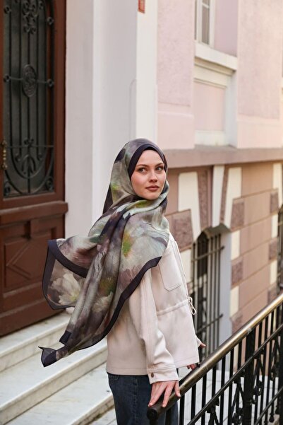 ENRİCO FERRİ Allure Abstract Floral Pattern Tencel Shawl - Dark Purple Green