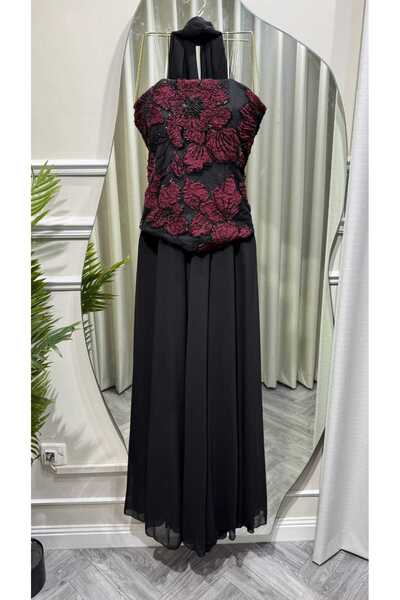 SAMEERAH STYLE Burgundy Sequined Long Sleeves Evening Dress