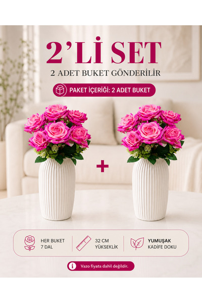 MD Aspiz Flowers 2 Demet Yapay Çiçek 7Li Lüx Pembe Kadife Gül Demeti ( Saksıs...