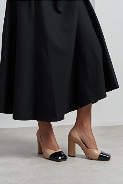 NİŞANTAŞI SHOES Emily Ten Matte Black Toe Detailed Closed Back Thick Heeled W...