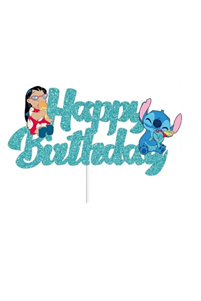 Baloane Vesele Topper Tort Lilo Stitch Albastru Glitter Happy Birthday TOP153