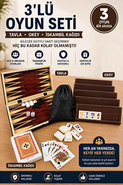 Wibo 3-Piece Game Set Backgammon Okey Set and Playing Cards