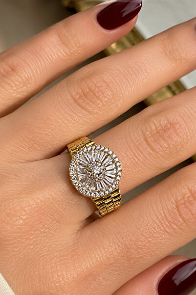 FIERA JEWELRY VIP Saat Görünümlü Zirkon Taş Detay Gold Ayarlanabilir Yüzük