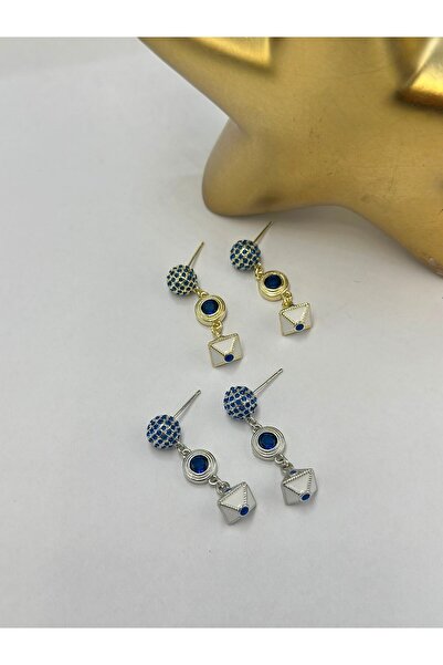 BYYEŞO Blue Cube Detail Minimal Steel Earrings Silver