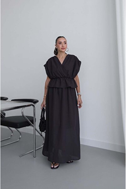 Havoş Bitter Brown Double Breasted Collared Blouse Skirt Set