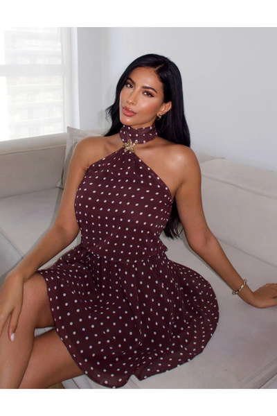 Eka Women's Coffee Halter Neck Polka Dot Mini Dress 1041-2926