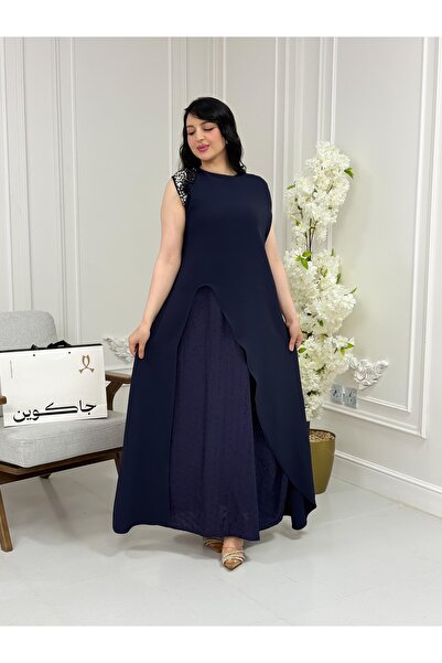 JAQUEEN Navy Blue Dress with Flowing Layers and Shiny Details