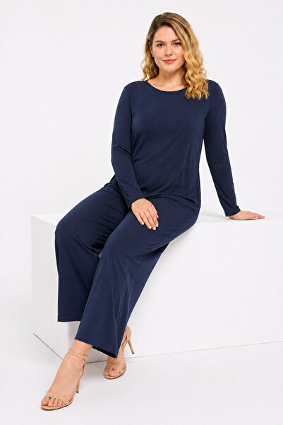 Şans Women's Plus Size Navy Blue, Back Hidden Zipper Closure, Wide Leg Jumpsu...