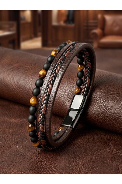 Parmas Design Onyx & Tiger's Eye Multi-Leather Men's Brown Gift Bracelet 01876