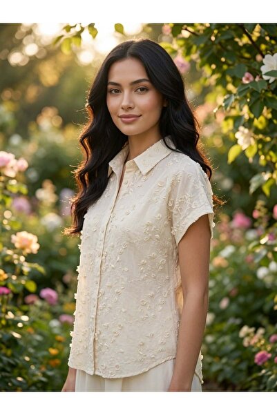 shE tekstil 3D Rose Embroidered Cotton Shirt