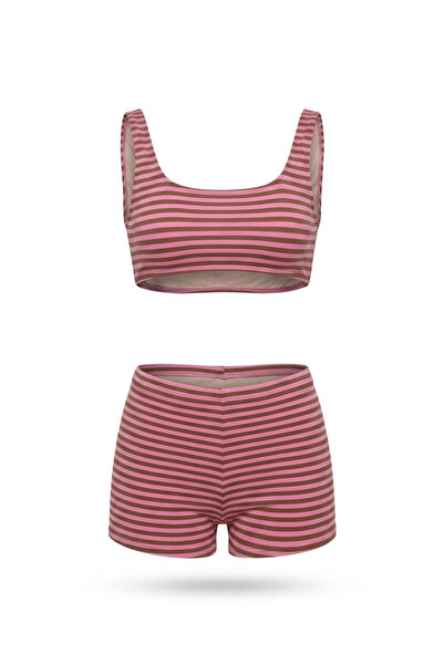 AQUELLA Pink Coffee Stripe Bustier Shorts Set