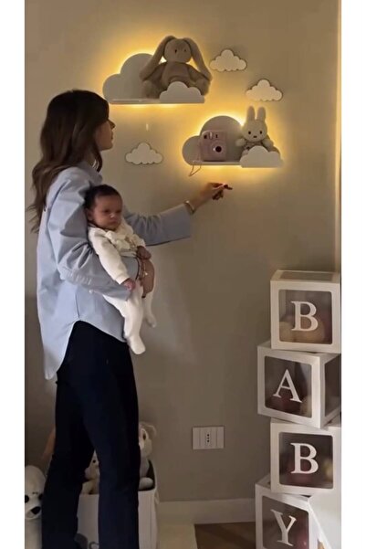 BugyBagy Ahşap 2’li Bulut Duvar Rafı Pilli LED Gece Lambası Dekoratif Bebek Ç...