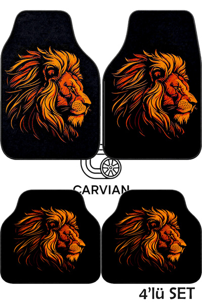 Carvian Aslan Desenli 4'lü Universal Oto Halı Paspas Seti Kaymaz Araç Paspası
