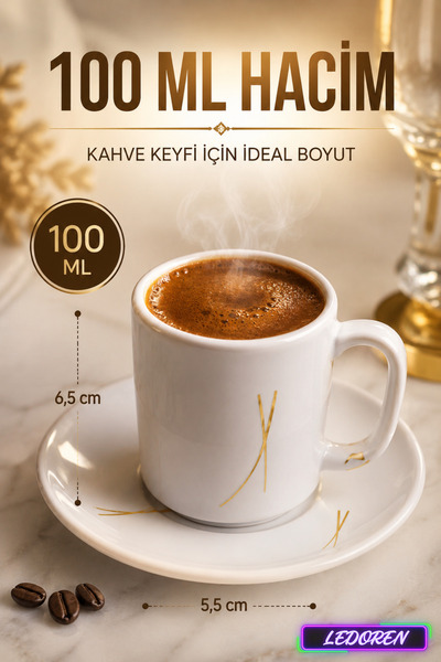 L'eDoren 6-Person Ceramic Coffee Cup Set with Round Presentation Plate Porcelain Turkish Coffee Cup Set