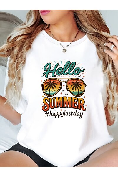 En22 تي شيرت نسائي أبيض بتصميم جرافيك 'Hello SUMMER Tropical Tee'، قميص كاجوا...